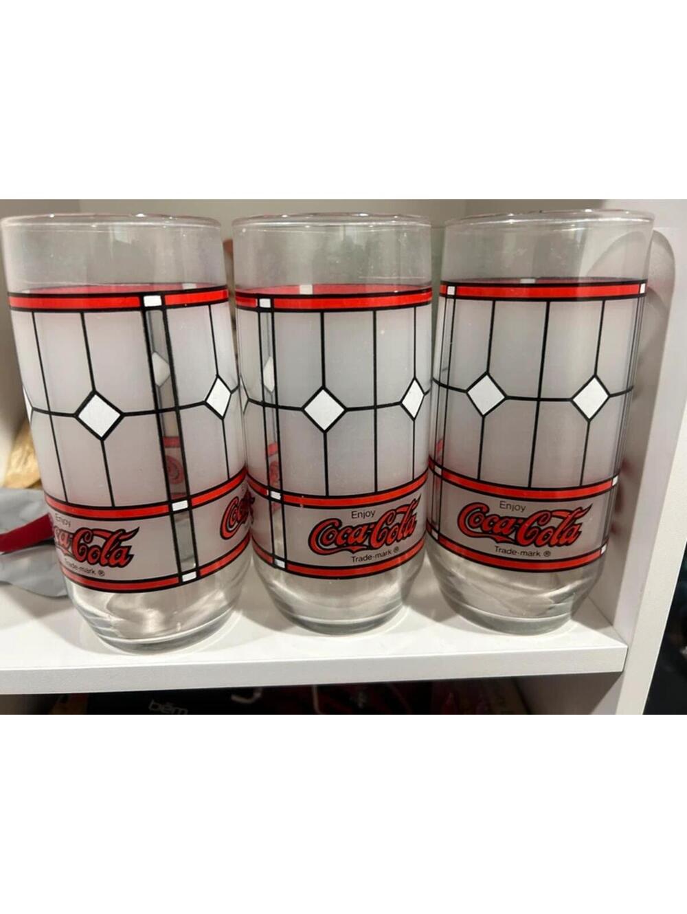 3 Coca Cola vintage glass tumblers stained glass style